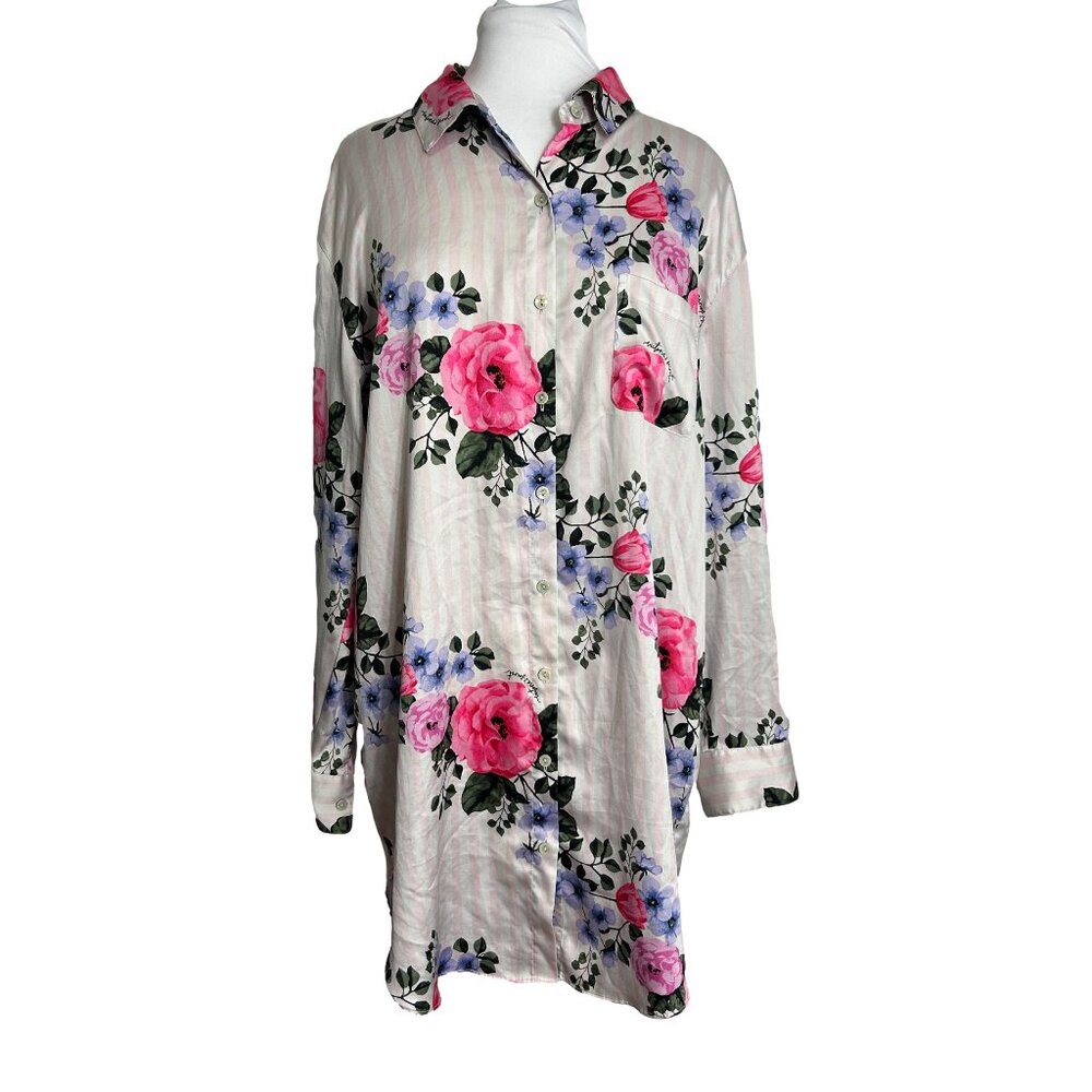 Victorias Secret Womens Night Shirt Pajama Top Size Large Pink Roses Stripes